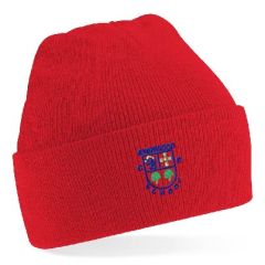 Red Knitted Hat - Embroidered with Evenwood CE Primary School Logo