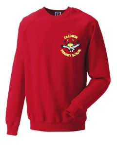 Red Crew-neck sweatshirt - Embroidered with Caedmon Primary School (Gateshead) Logo