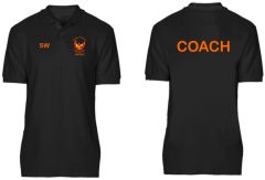 COACH - Black Unisex Polo - Embroidered Durham Phoenix Fencing Club Logo on front with COACH under + Printed on back COACH