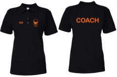 COACH - Black Ladies Fit Polo - Embroidered Durham Phoenix Fencing Club Logo on front with COACH under + Printed on back COACH