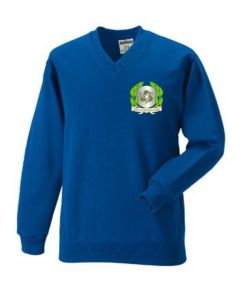 Year 6 Only - Royal V-Neck Sweatshirt - Embroidered with Fishburn Primary School logo