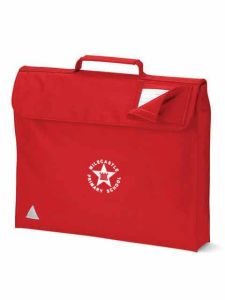 Red Book Bag with embroidered Milecastle Primary School Logo