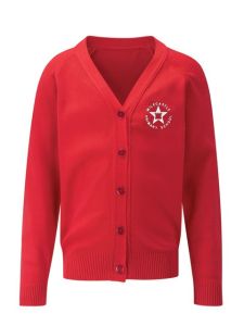 Red Sweat Cardigan with embroidered Milecastle Primary School Logo
