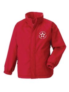 Red Stormproof Coat with Milecastle Primary School Logo