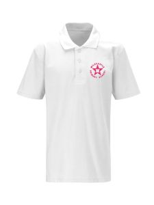 White Polo Shirt embroidered with the Milecastle Primary School Logo