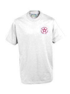 White T-Shirt with embroidered Milecastle Primary School Logo
