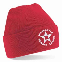 Red Knitted Hat embroidered with the Milecastle Primary School Logo
