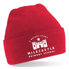 Red Knitted Hat embroidered with the Milecastle Primary School Logo