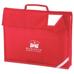 Red Book Bag with embroidered Milecastle Primary School Logo