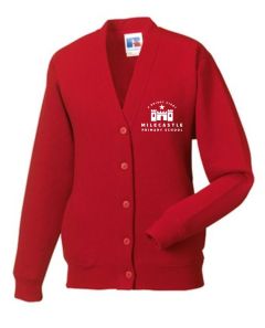 Red Sweat Cardigan with embroidered Milecastle Primary School Logo