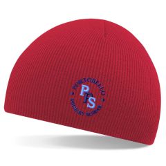 Red Knitted Beanie Hat - Embroidered with Portobello Primary School Logo