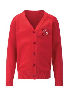 Red Sweatshirt Cardigan embroidered with Rickleton Primary School Logo