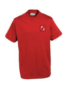 Red T-Shirt (PE) with embroidered Rickleton Primary School Logo