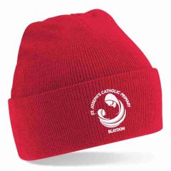 Red Knitted Hat - Embroidered with St Joseph's R.C. Primary School (Blaydon) Logo