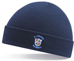 Navy Knitted Hat - Embroidered with St Leonard's R.C Primary School Logo