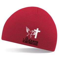 Red Knitted Beannie Hat - Embroidered with St John's C E (Aided) Primary School Logo