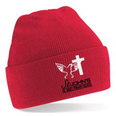 Red Knitted Hat - Embroidered with St John's C E (Aided) Primary School Logo