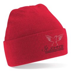 Red Knitted Hat - Embroidered with St John's C E (Aided) Primary School Logo