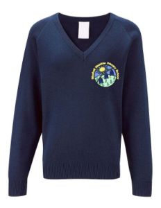 Navy Boys Cotton Knitted V-neck Jumper - Embroidered with Bluebell Meadow Primary School Logo