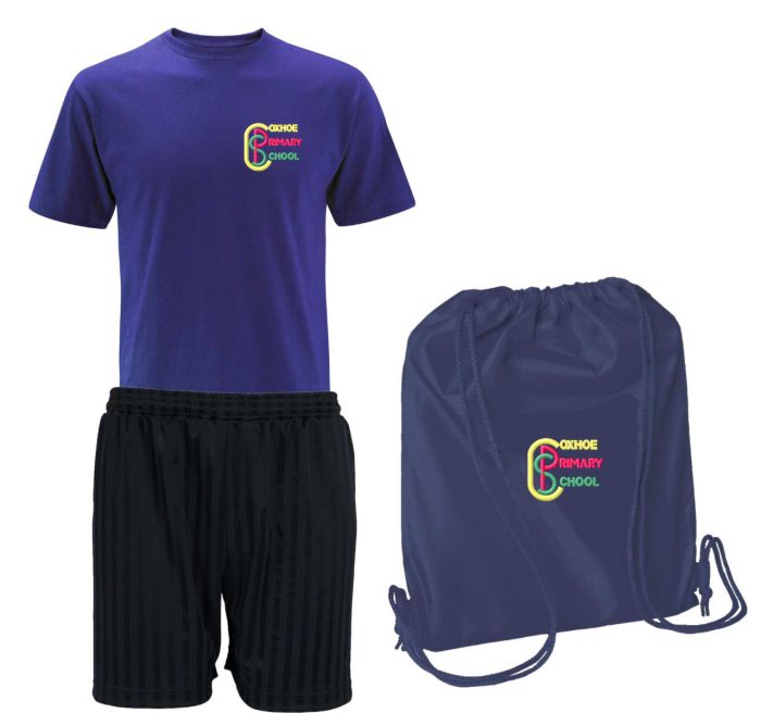 FULL PE Kit (Royal T-Shirt, Black Shorts &amp; Navy PE Bag) - Embroidered with Coxhoe  Primary