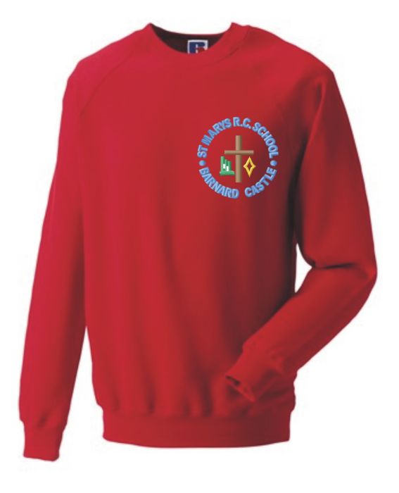 Red Crew neck sweatshirt Embroidered With St Mary s R.C. PS Logo Barnard Castle