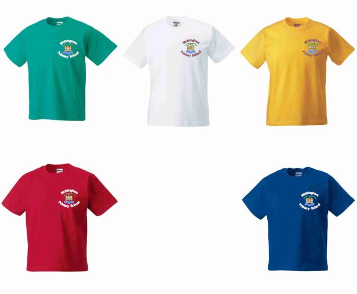 White Green Blue Yellow Or Red Pe T Shirt Embroidered With Wollsingham Primary School Logo